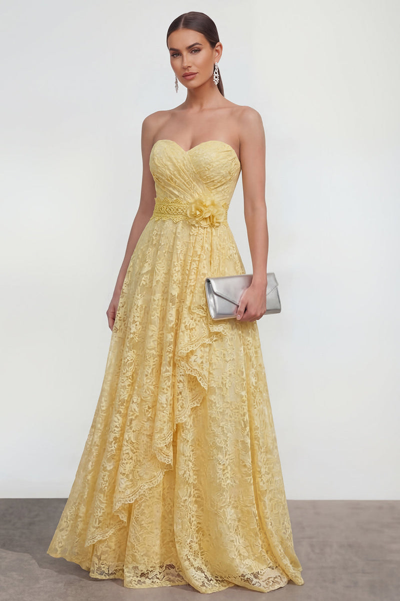 Load image into Gallery viewer, Ruffled Lace Butter Yellow Maxi A Line Formal Dress with 3D Flower