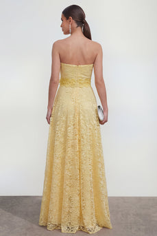 Ruffled Lace Butter Yellow Maxi A Line Formal Dress with 3D Flower