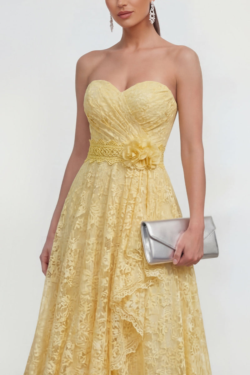 Load image into Gallery viewer, Ruffled Lace Butter Yellow Maxi A Line Formal Dress with 3D Flower