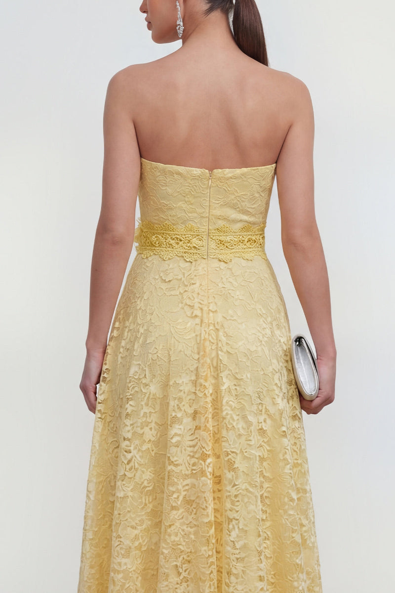 Load image into Gallery viewer, Ruffled Lace Butter Yellow Maxi A Line Formal Dress with 3D Flower