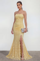 Load image into Gallery viewer, Mermaid Ruched Floral Lace Butter Yellow Maxi Formal Dress with Slit