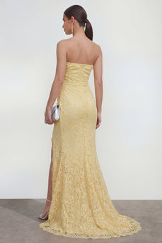 Mermaid Ruched Floral Lace Butter Yellow Maxi Formal Dress with Slit