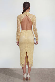 Floral Lace Butter Yellow Bodycon Cut Out Midi Formal Dress with Back Slit