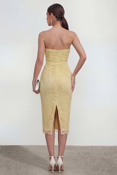 Sweetheart Floral Butter Yellow Bodycon Midi Lace Formal Dress with Back Slit