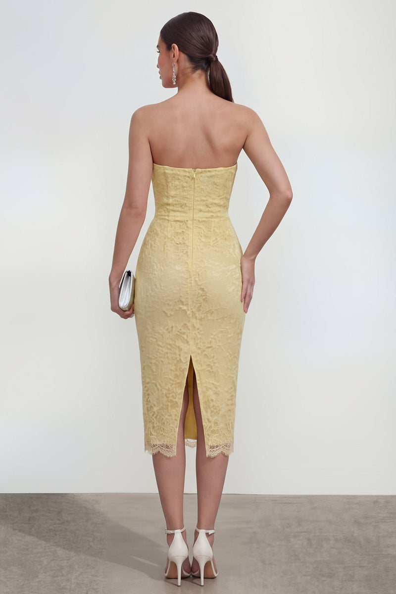 Load image into Gallery viewer, Sweetheart Floral Butter Yellow Bodycon Midi Lace Formal Dress with Back Slit