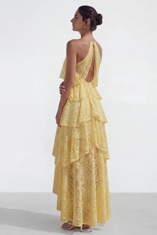 Yellow Halter Corset Lace Floral A Line High Low Formal Dress with Ruffles