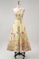 Load image into Gallery viewer, Floral Butter Yellow Ruched A Line One Shoulder Maxi Wedding Guest Dress