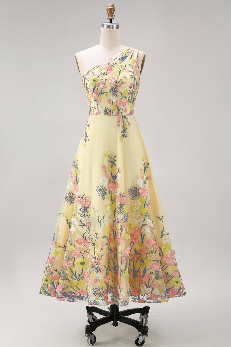 Load image into Gallery viewer, Floral Butter Yellow Ruched A Line One Shoulder Maxi Wedding Guest Dress