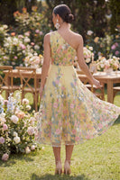 Load image into Gallery viewer, Floral Butter Yellow Ruched A Line One Shoulder Maxi Wedding Guest Dress