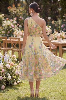 Floral Butter Yellow Ruched A Line One Shoulder Maxi Wedding Guest Dress
