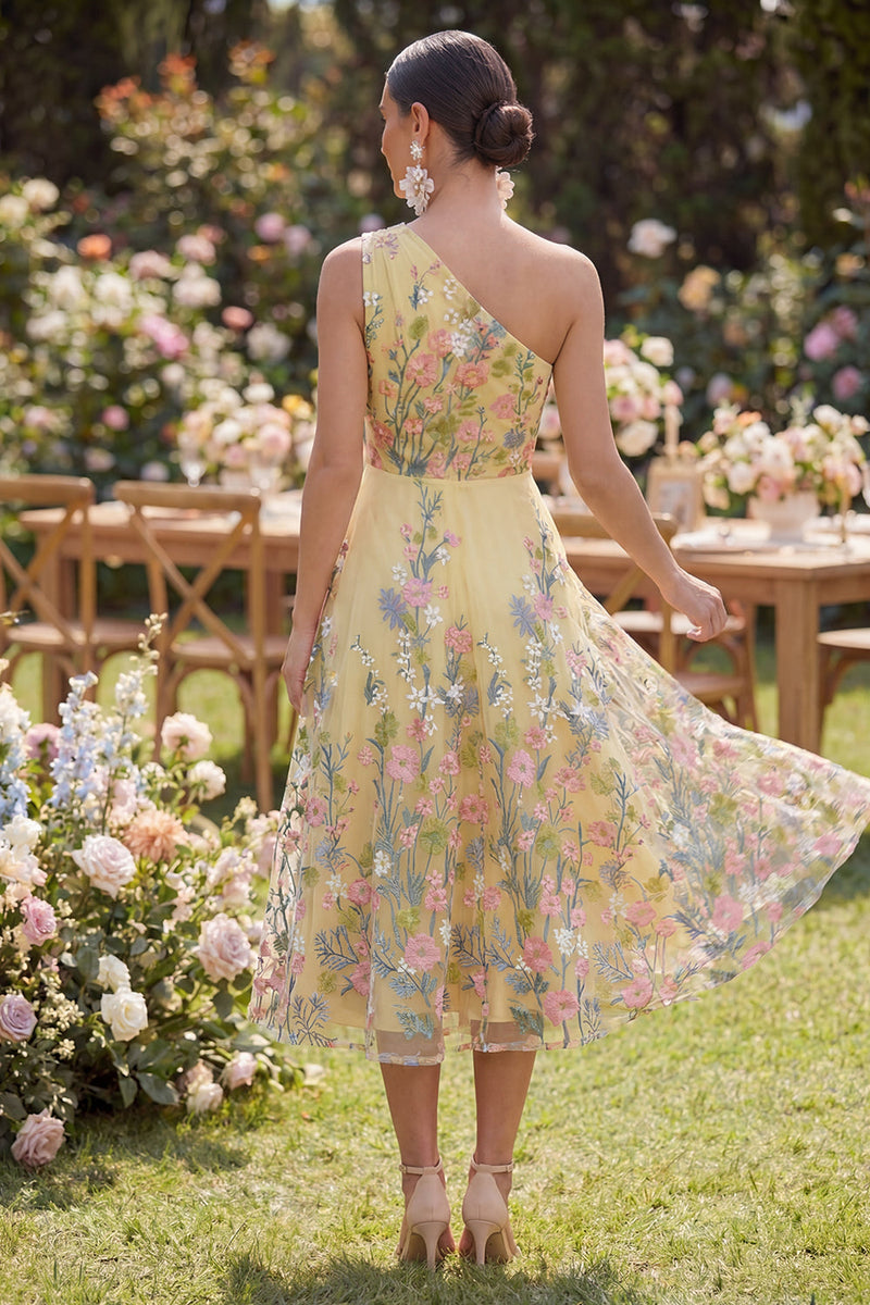 Load image into Gallery viewer, Floral Butter Yellow Ruched A Line One Shoulder Maxi Wedding Guest Dress