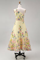 Load image into Gallery viewer, Floral Butter Yellow Ruched A Line One Shoulder Maxi Wedding Guest Dress