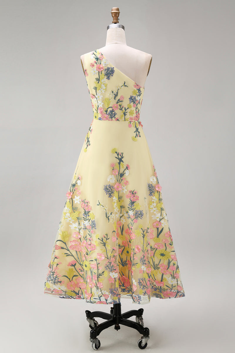 Load image into Gallery viewer, Floral Butter Yellow Ruched A Line One Shoulder Maxi Wedding Guest Dress