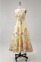 Load image into Gallery viewer, Floral Butter Yellow Ruched A Line One Shoulder Maxi Wedding Guest Dress