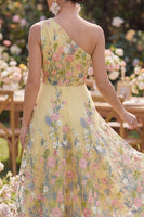 Load image into Gallery viewer, Floral Butter Yellow Ruched A Line One Shoulder Maxi Wedding Guest Dress