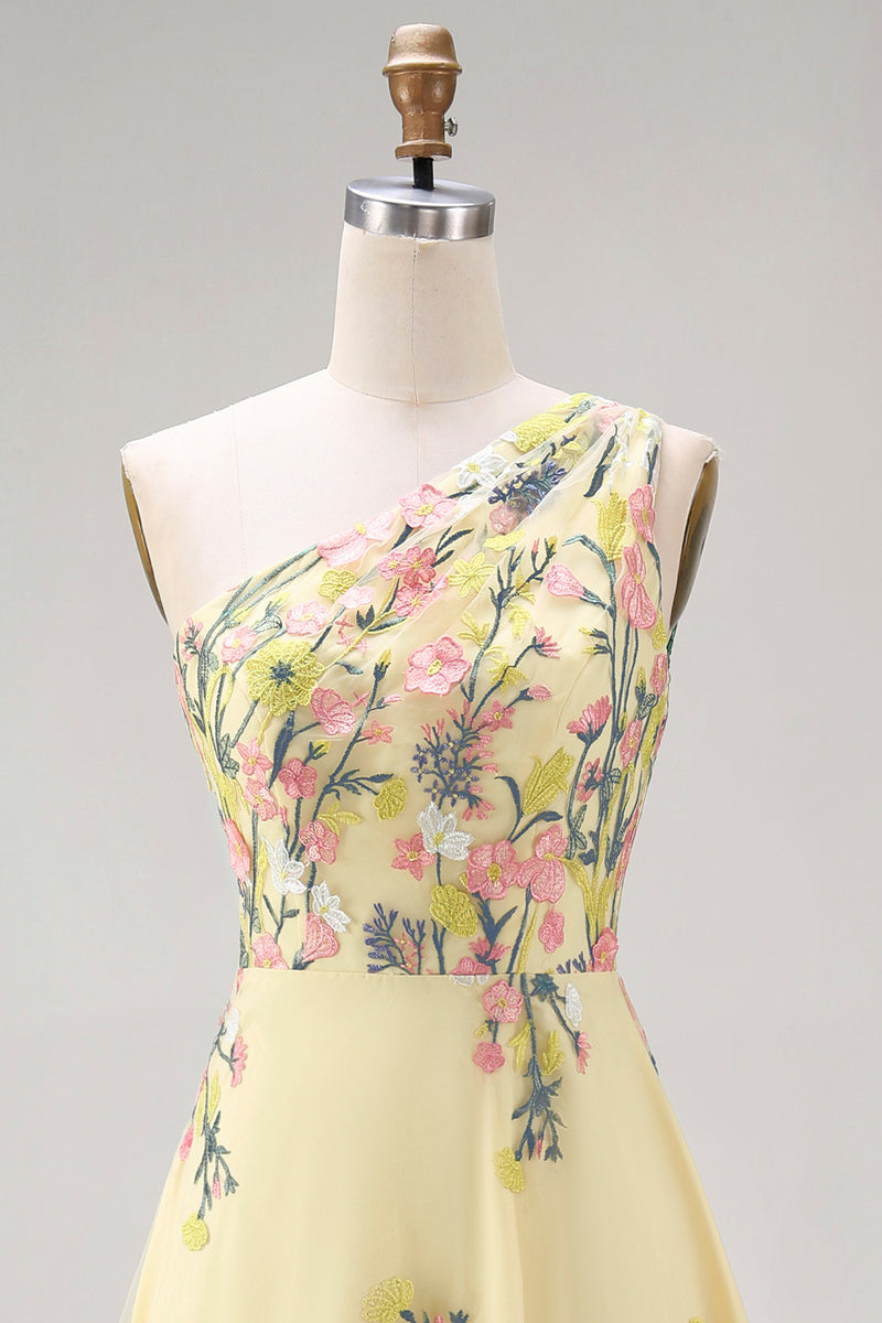 Load image into Gallery viewer, Floral Butter Yellow Ruched A Line One Shoulder Maxi Wedding Guest Dress