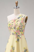 Load image into Gallery viewer, Floral Butter Yellow Ruched A Line One Shoulder Maxi Wedding Guest Dress