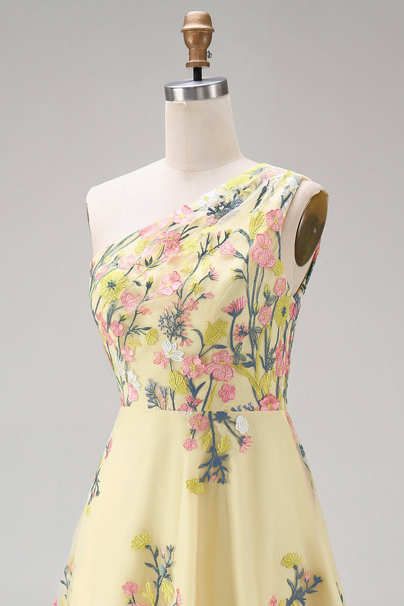 Load image into Gallery viewer, Floral Butter Yellow Ruched A Line One Shoulder Maxi Wedding Guest Dress