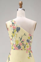 Load image into Gallery viewer, Floral Butter Yellow Ruched A Line One Shoulder Maxi Wedding Guest Dress
