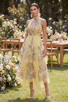 Load image into Gallery viewer, High Neck Butter Yellow Floral A Line Open Back Maxi Wedding Guest Dress with Ruffles