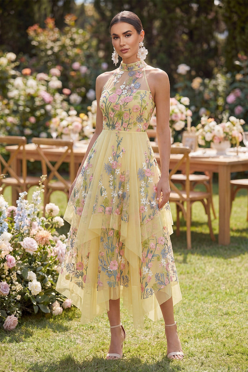 Load image into Gallery viewer, High Neck Butter Yellow Floral A Line Open Back Maxi Wedding Guest Dress with Ruffles