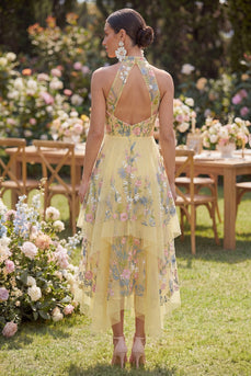 High Neck Butter Yellow Floral A Line Open Back Maxi Wedding Guest Dress with Ruffles