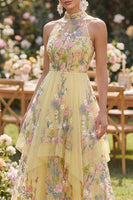Load image into Gallery viewer, High Neck Butter Yellow Floral A Line Open Back Maxi Wedding Guest Dress with Ruffles