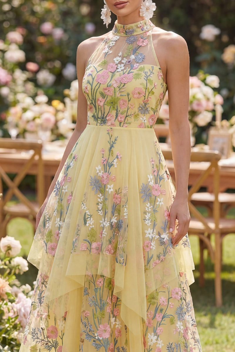 Load image into Gallery viewer, High Neck Butter Yellow Floral A Line Open Back Maxi Wedding Guest Dress with Ruffles