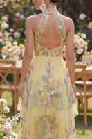 Load image into Gallery viewer, High Neck Butter Yellow Floral A Line Open Back Maxi Wedding Guest Dress with Ruffles