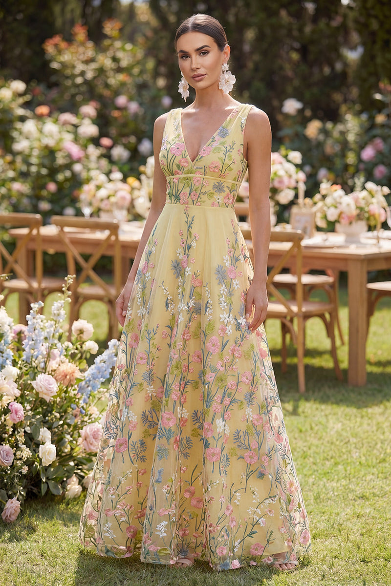 Load image into Gallery viewer, V-Neck Butter Yellow Floral A Line Long Wedding Guest Dress