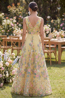 Load image into Gallery viewer, V-Neck Butter Yellow Floral A Line Long Wedding Guest Dress