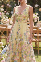 Load image into Gallery viewer, V-Neck Butter Yellow Floral A Line Long Wedding Guest Dress