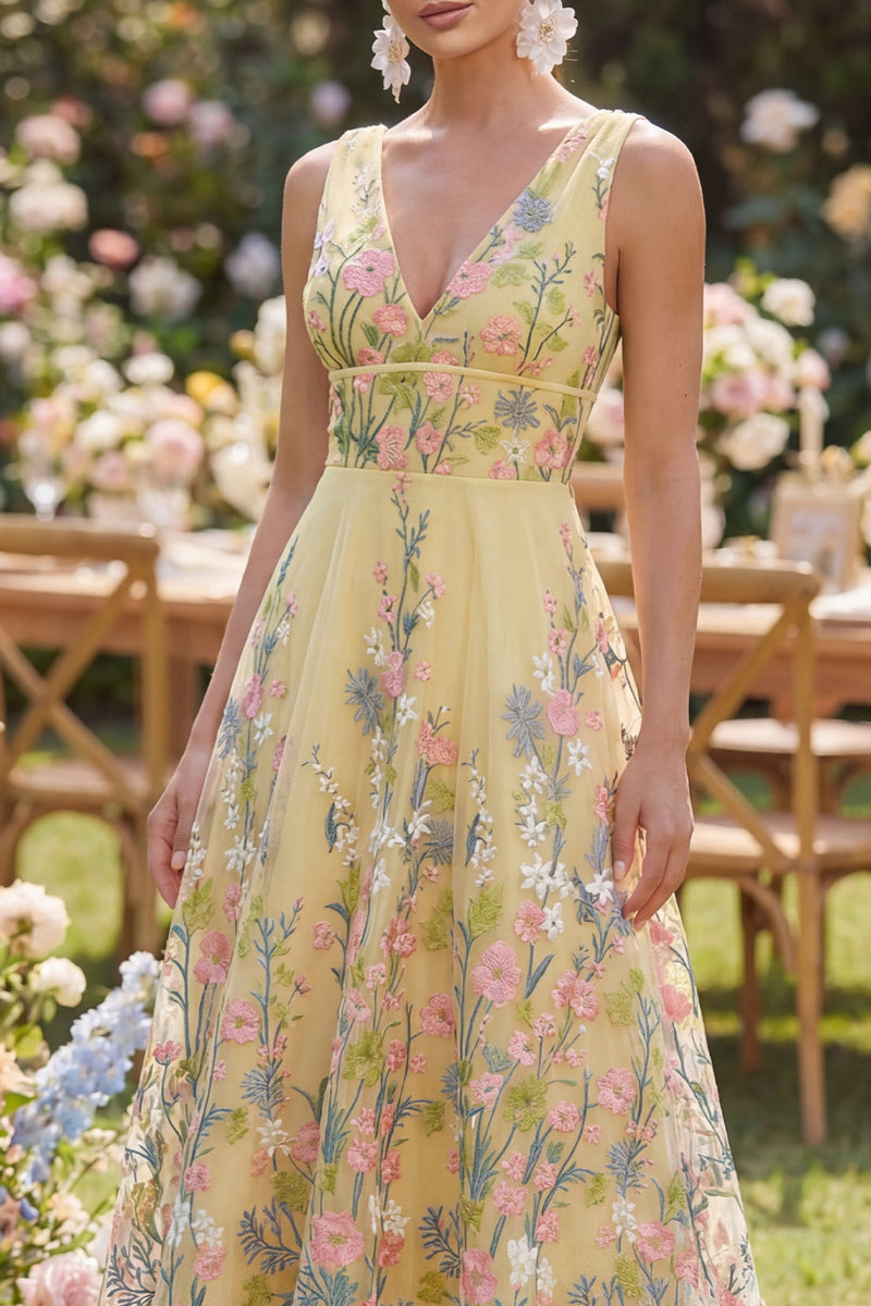 Load image into Gallery viewer, V-Neck Butter Yellow Floral A Line Long Wedding Guest Dress