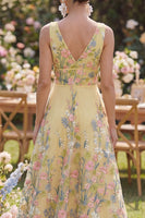 Load image into Gallery viewer, V-Neck Butter Yellow Floral A Line Long Wedding Guest Dress