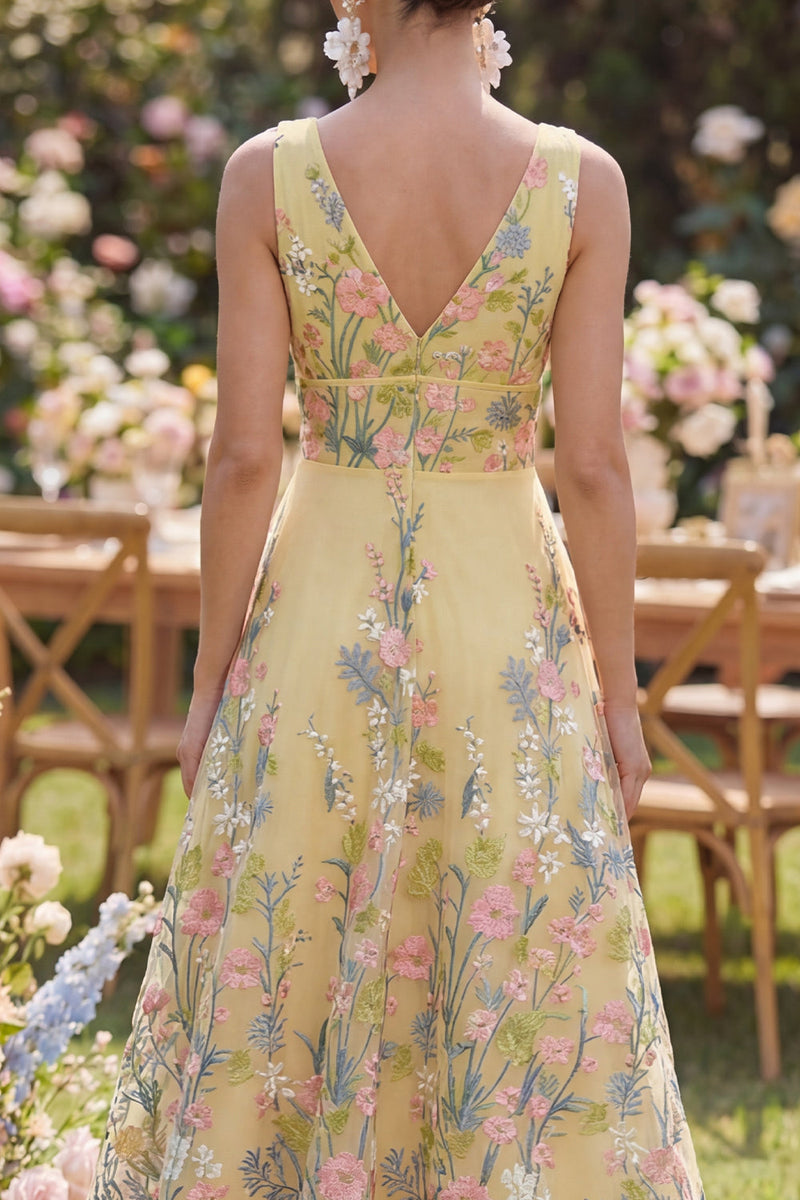 Load image into Gallery viewer, V-Neck Butter Yellow Floral A Line Long Wedding Guest Dress