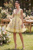 Load image into Gallery viewer, Short V-Neck Butter Yellow Floral A Line Wedding Guest Dress with Ruffles