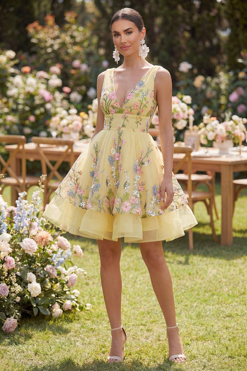 Load image into Gallery viewer, Short V-Neck Butter Yellow Floral A Line Wedding Guest Dress with Ruffles