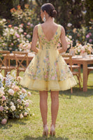 Load image into Gallery viewer, Short V-Neck Butter Yellow Floral A Line Wedding Guest Dress with Ruffles