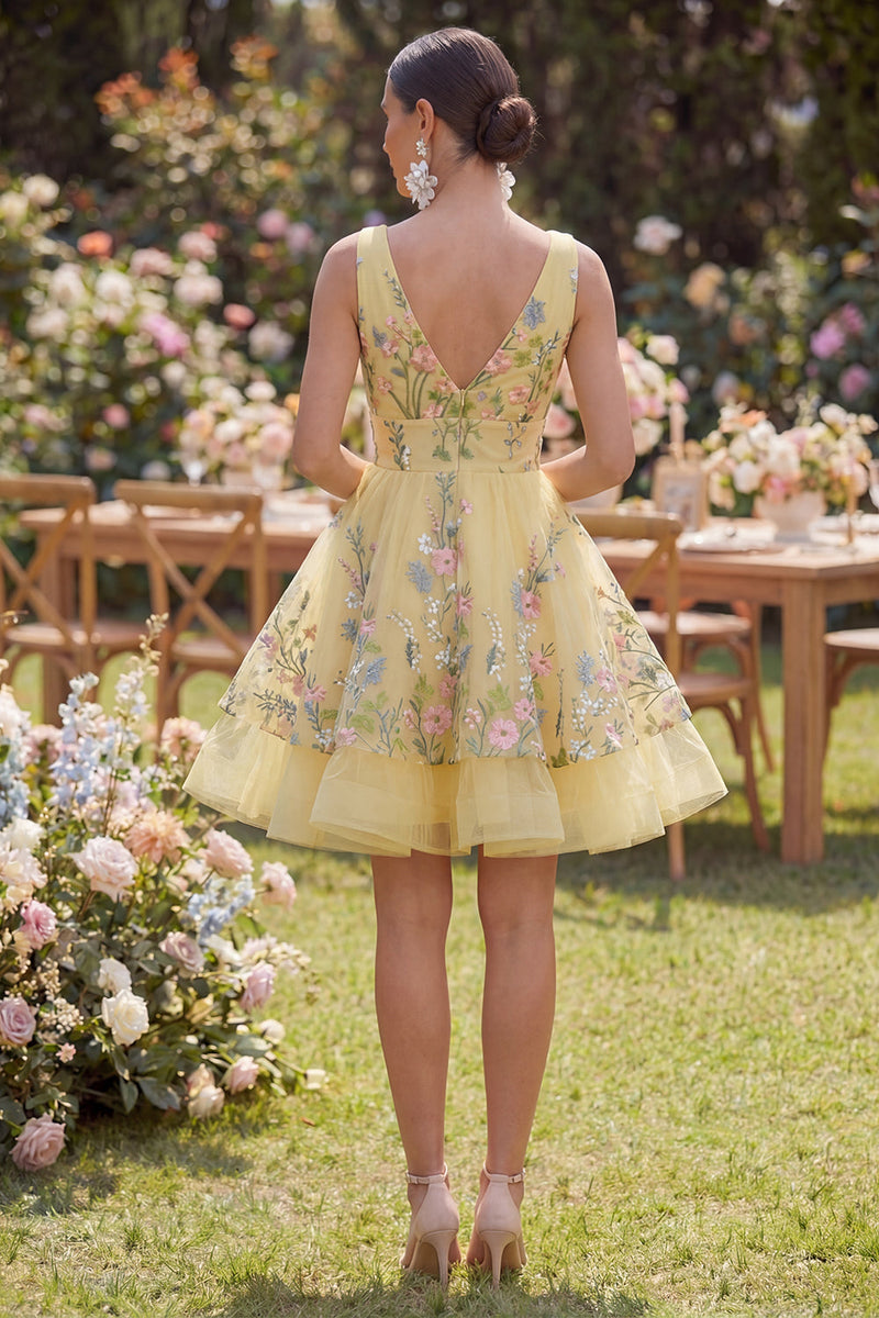 Load image into Gallery viewer, Short V-Neck Butter Yellow Floral A Line Wedding Guest Dress with Ruffles