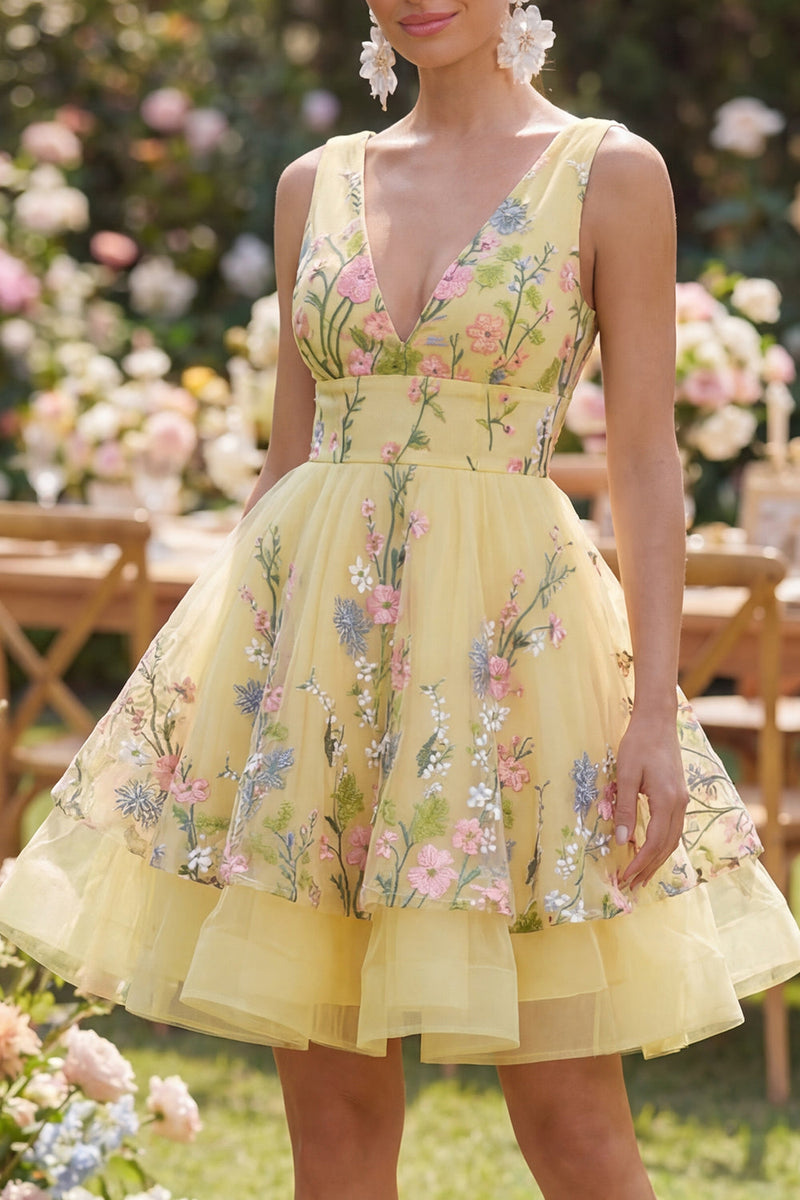 Load image into Gallery viewer, Short V-Neck Butter Yellow Floral A Line Wedding Guest Dress with Ruffles