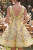 Load image into Gallery viewer, Short V-Neck Butter Yellow Floral A Line Wedding Guest Dress with Ruffles