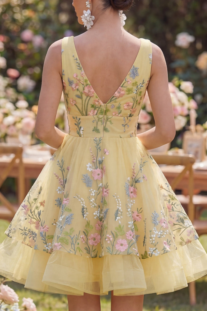 Load image into Gallery viewer, Short V-Neck Butter Yellow Floral A Line Wedding Guest Dress with Ruffles