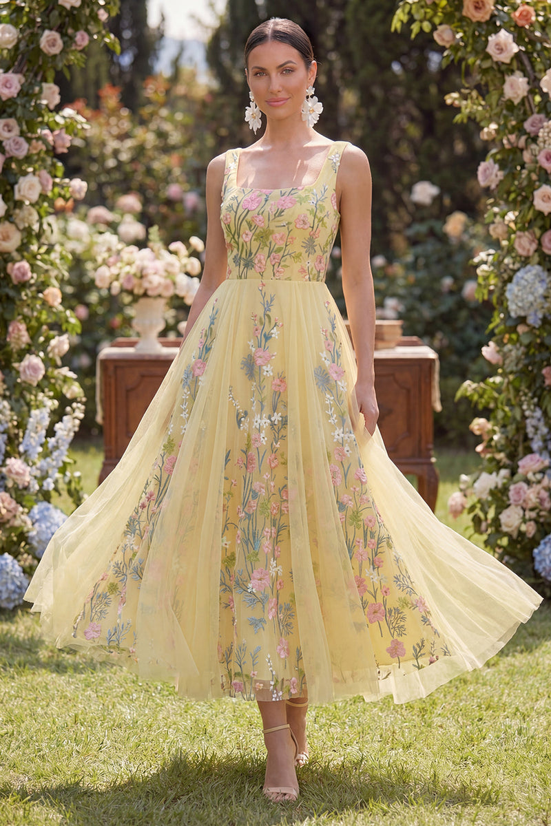 Load image into Gallery viewer, Square Neck Floral Butter Yellow Maxi A Line Wedding Guest Dress