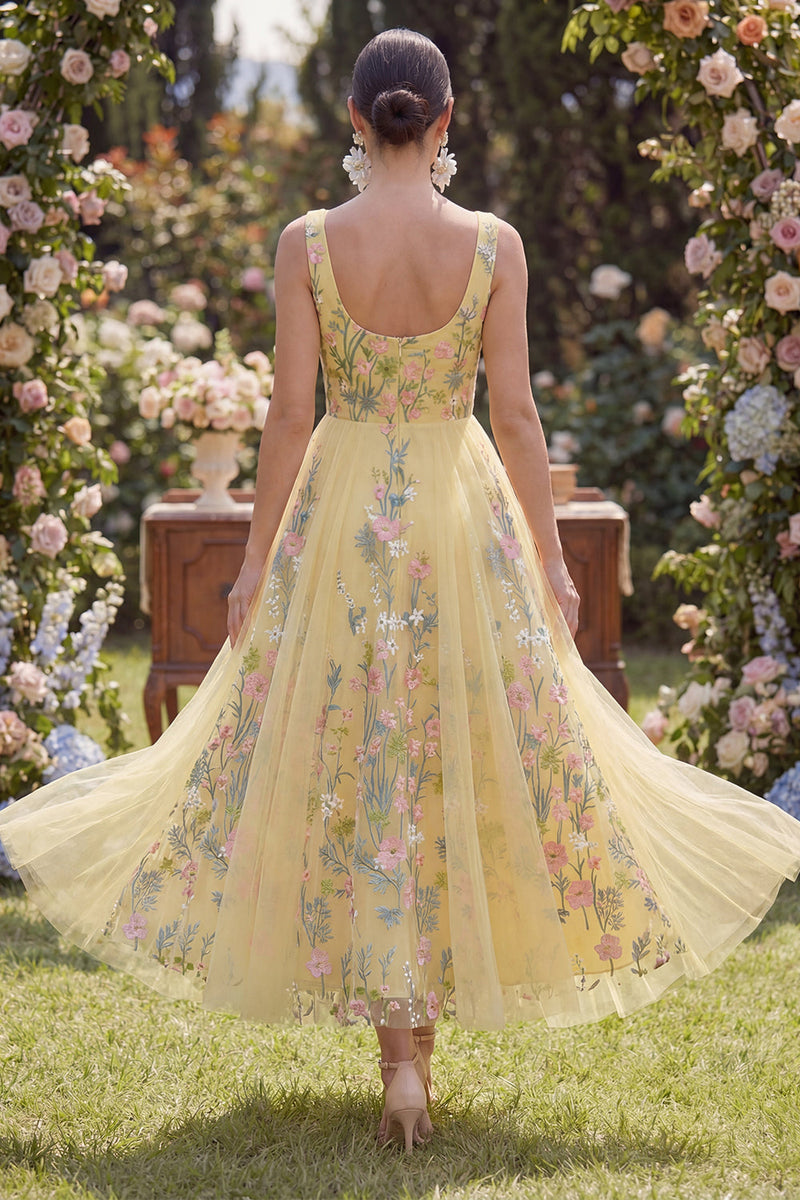 Load image into Gallery viewer, Square Neck Floral Butter Yellow Maxi A Line Wedding Guest Dress