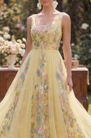 Load image into Gallery viewer, Square Neck Floral Butter Yellow Maxi A Line Wedding Guest Dress