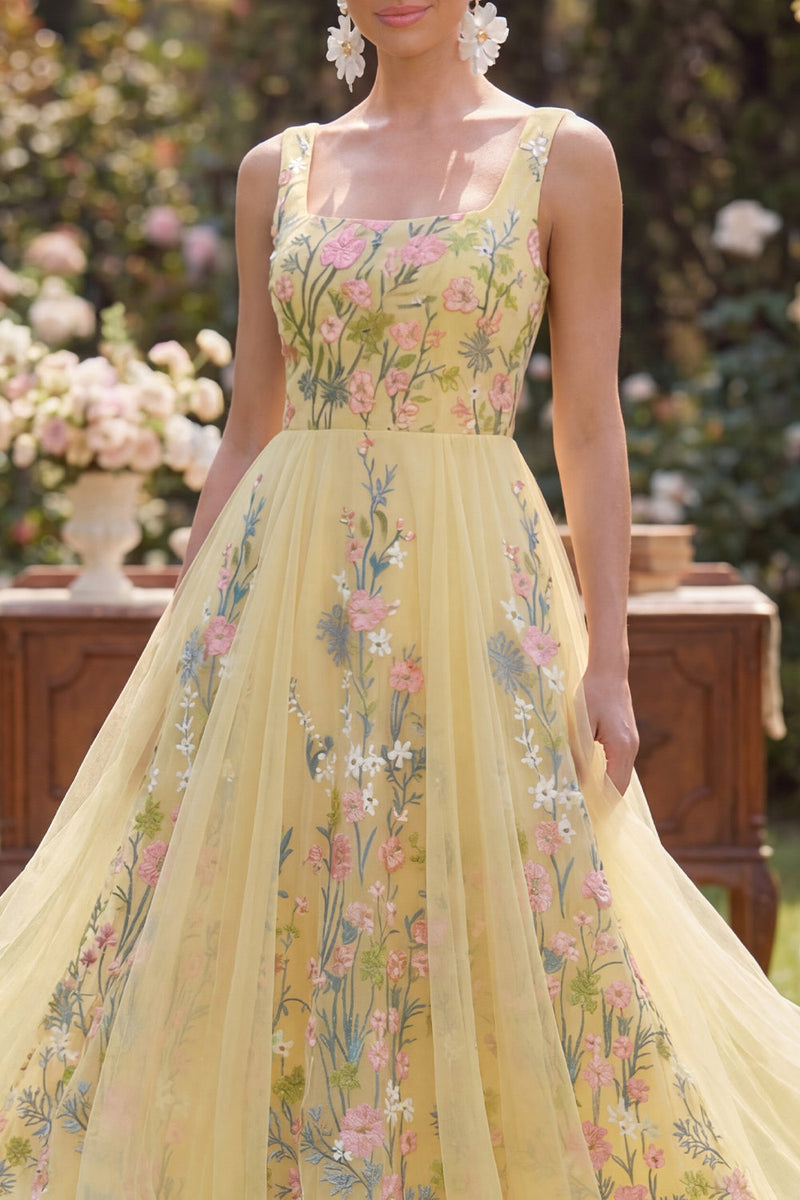 Load image into Gallery viewer, Square Neck Floral Butter Yellow Maxi A Line Wedding Guest Dress