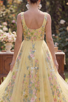 Load image into Gallery viewer, Square Neck Floral Butter Yellow Maxi A Line Wedding Guest Dress