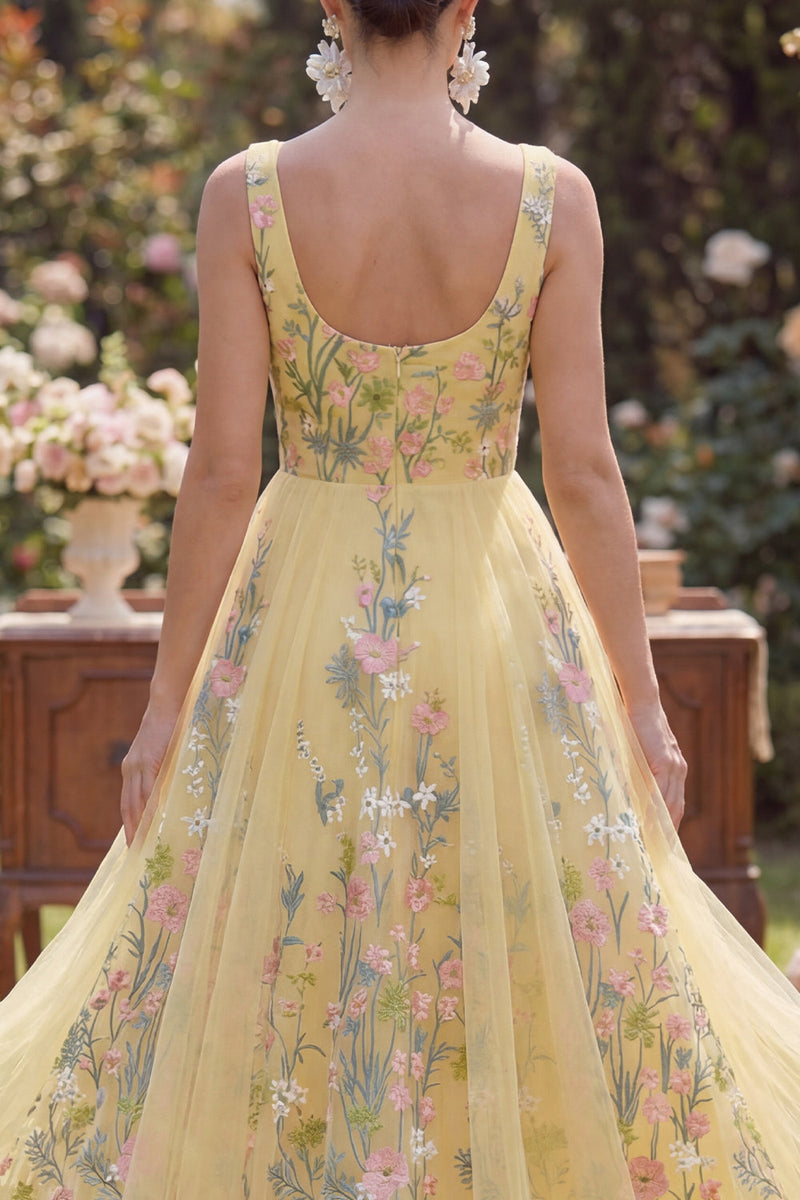 Load image into Gallery viewer, Square Neck Floral Butter Yellow Maxi A Line Wedding Guest Dress