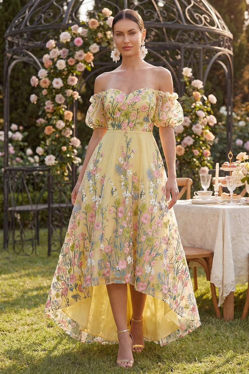 Load image into Gallery viewer, Floral Puff Sleeves Butter Yellow A Line High Low Wedding Guest Dress