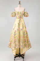 Load image into Gallery viewer, Floral Puff Sleeves Butter Yellow A Line High Low Wedding Guest Dress